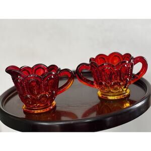 MCM Cream Pitcher & Sugar Bowl L E Smith Glass Moon And Star Amberina 1960s